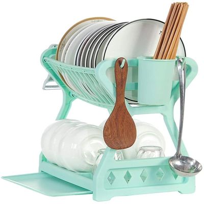 2-Tier Plastic Dish Rack, Multifunctional Dish Plate Utensil Holder, Sturdy Durable Kitchen Accessories, Space-Saving (Green )