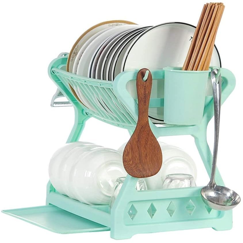 2-Tier Plastic Dish Rack, Multifunctional Dish Plate Utensil Holder, Sturdy Durable Kitchen Accessories, Space-Saving (Green )