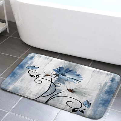 VeiVian Rustic Farmhouse Bath Mat, Farm Blue Daisy Floral Flowers Butterfly Country Wooden Bath Rug for Bathroom, Grey White Bath Mat Soft Non Slip Bath Rugs, 17X29IN