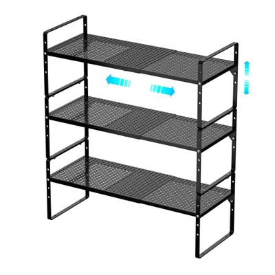 Redrubbit Expandable Cabinet Storage Shelf, Adjustable Height Steel Metal Kitchen Counter Organizers Shelves Spice Rack for Kitchen Pantry Bathroom Cupboard Desk Home Office, Black-3 Pack