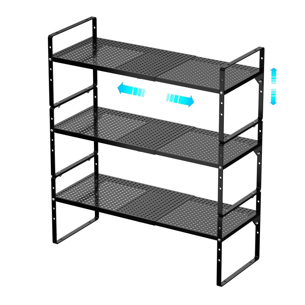 Redrubbit Expandable Cabinet Storage Shelf, Adjustable Height Steel Metal Kitchen Counter Organizers Shelves Spice Rack for Kitchen Pantry Bathroom Cupboard Desk Home Office, Black-3 Pack