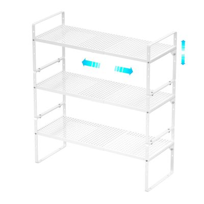 Redrubbit Large Expandable Cabinet Storage Shelf, Adjustable Height Steel Metal Kitchen Counter Organizers Shelves Spice Rack for Kitchen Pantry Bathroom Cupboard Desk Home Office, White-3 Pack