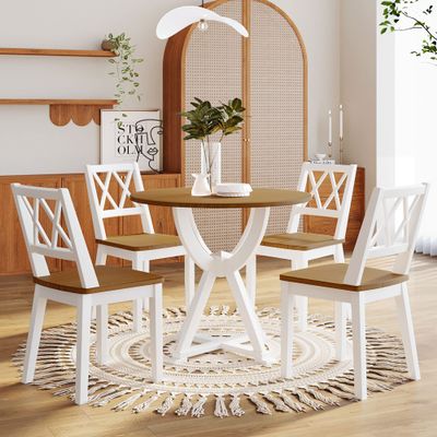 Rhomtree 5-Piece Mid-Century Dining Table Set with Chairs, Round Table with 4 Cross Back Chairs, Solid Wood Dining Room Set with Trestle Legs Home Dining Table Furniture (Antique Oak+White)