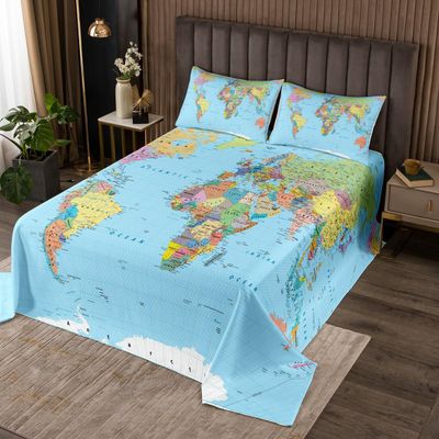 Erosebridal World Map Quilt Queen Multicolored Bedspread 3D Geography Blue Ocean Bedroom Decor Coverlet America Europe Asia Africa Bedspread Soft Luxury Quilt Set