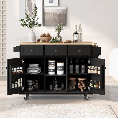 Rolling Kitchen Island Cart with 3 Drawers, Modern Kitchen Island on 5 Universal Wheels Kitchen Cart with Drop-Leaf Countertop Wood Utility Cart witth Internal Storage Racks Spice Rack and Towel Rack
