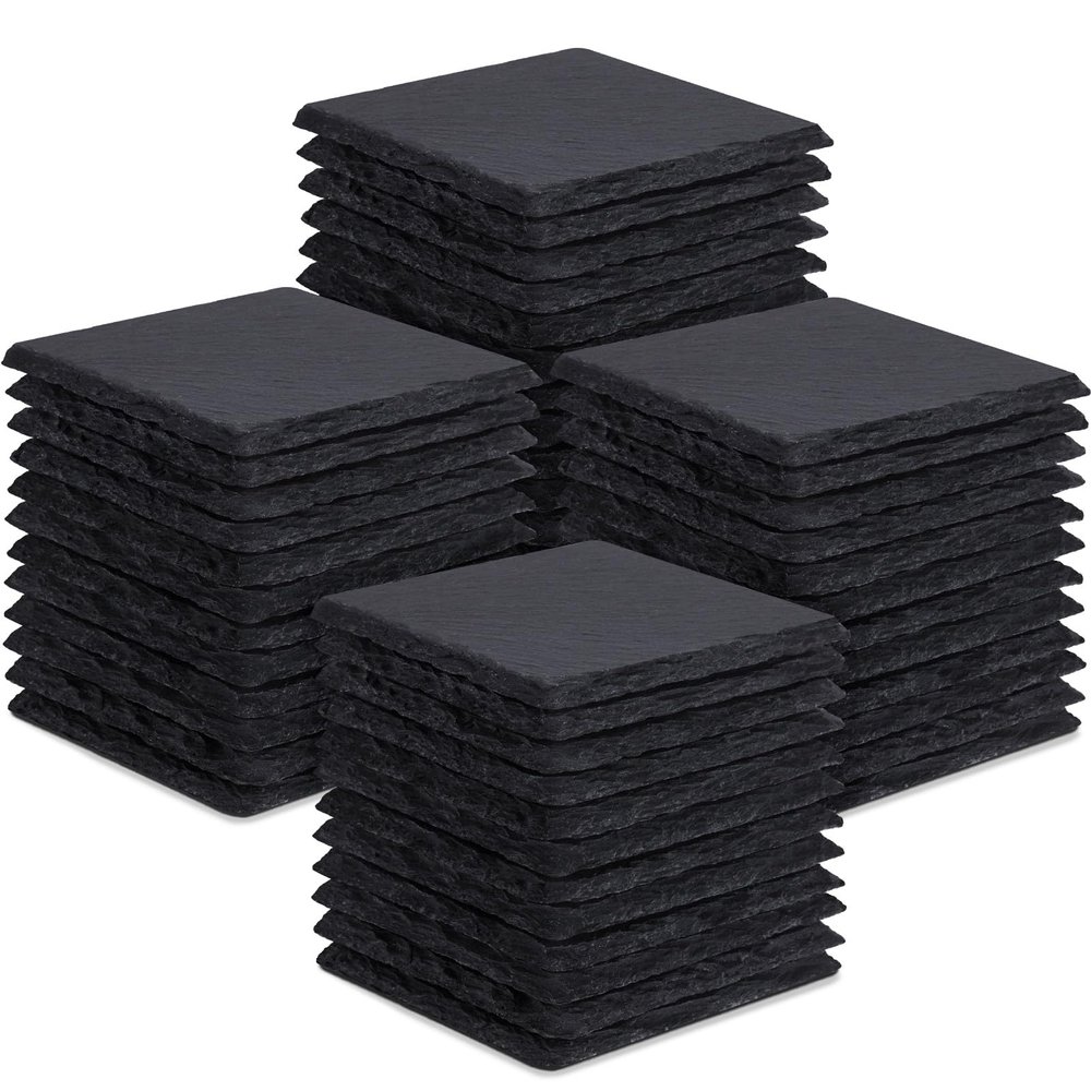 48 Pieces Slate Drink Coasters, GOH DODD 4 Inch Black Coasters Stone Coaster Set, Laser Engraving Blanks with Anti-Scratch Bottom for Home Office Bar Outdoor Housewarming Gifts Wedding Party, Square