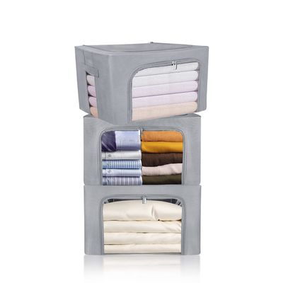 Clothes Storage Box Bins Stackable Foldable Organizer,Sturdy Handles with Metal Frame for Clothing Bedding Shelves,Closet Container with Clear Window Zipper and Label Holder (Gray, 66L x3 Pack)