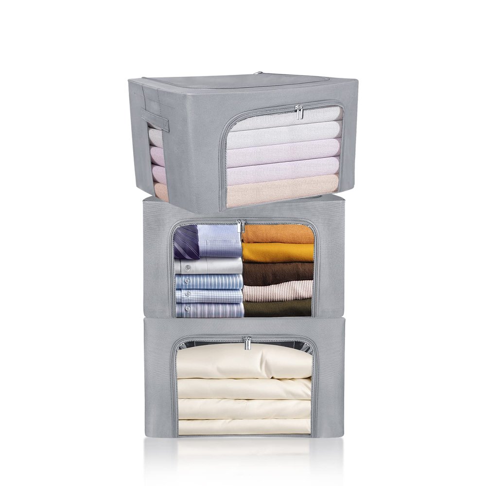 Clothes Storage Box Bins Stackable Foldable Organizer,Sturdy Handles with Metal Frame for Clothing Bedding Shelves,Closet Container with Clear Window Zipper and Label Holder (Gray, 66L x3 Pack)