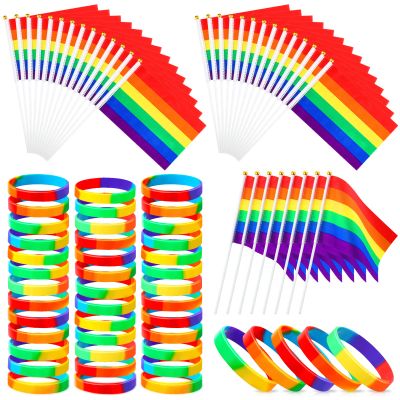 200 Pcs Gay Pride Accessories Set, Include 100 Pcs Mini Rainbow Pride Flags Handheld, 100 Pcs Pride Bracelet Silicone Rainbow Wristbands for LGBTQ Gay Pride Month Parade Party Decoration Supplies