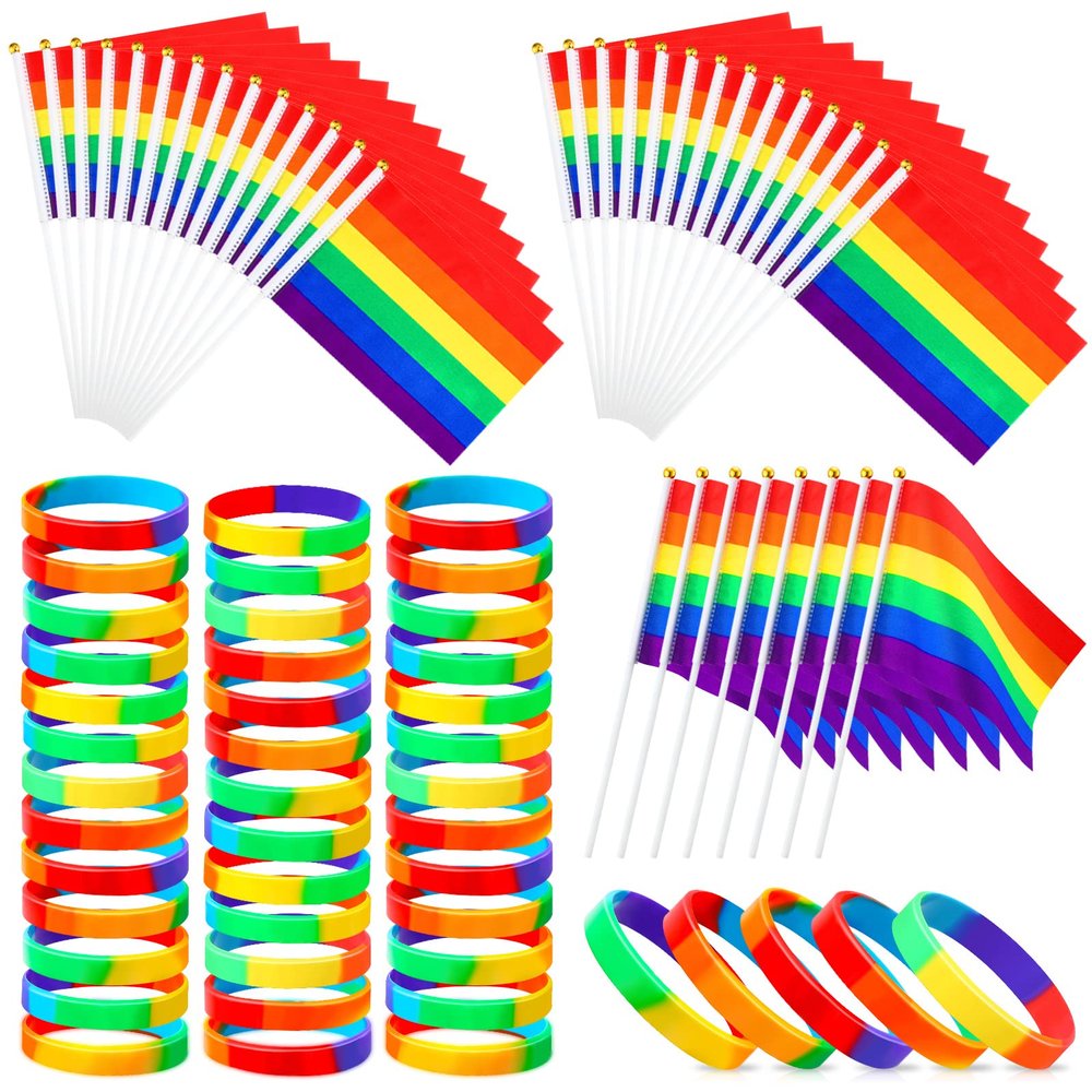 200 Pcs Gay Pride Accessories Set, Include 100 Pcs Mini Rainbow Pride Flags Handheld, 100 Pcs Pride Bracelet Silicone Rainbow Wristbands for LGBTQ Gay Pride Month Parade Party Decoration Supplies
