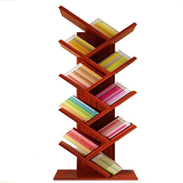 FEHUN Small Bookshelf for Kids Wood Tree Storage Shelf Floor Standing Bookcase Organizer for Living Room