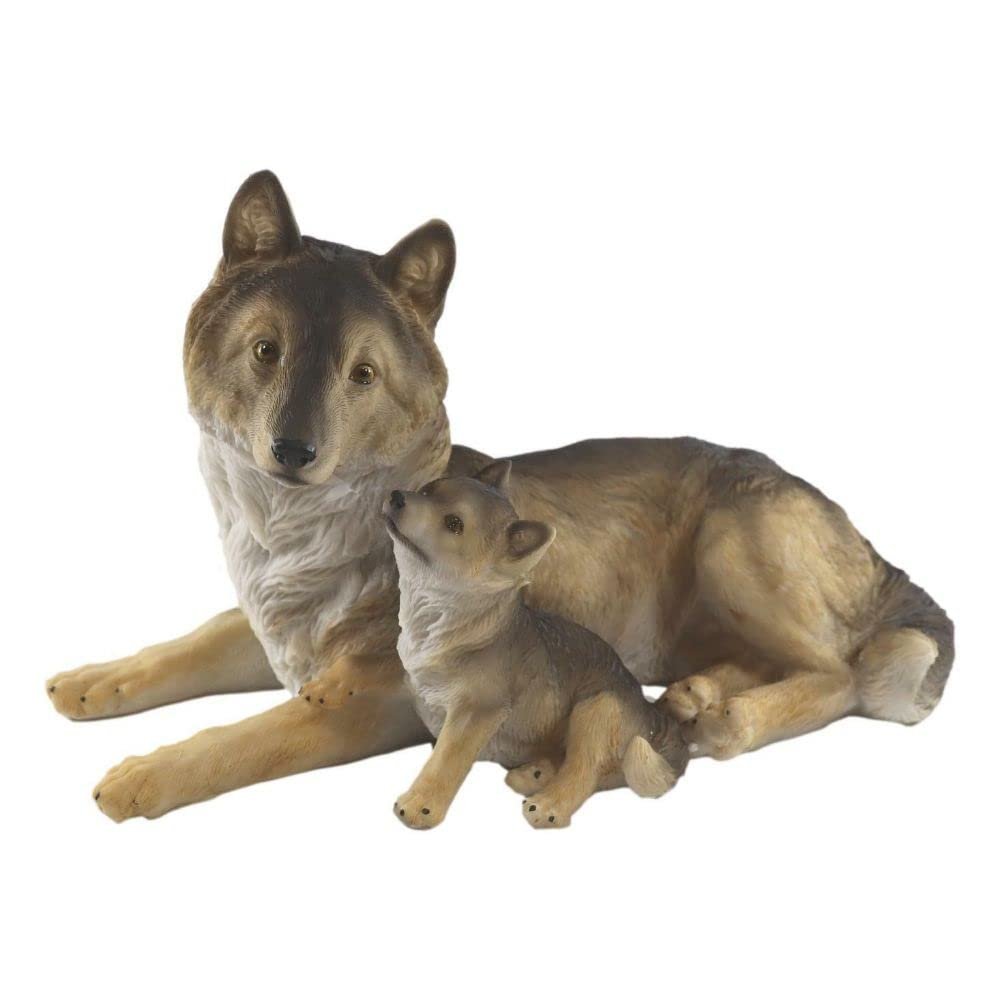 1 Pcs Alpha Gray Wolf Family Figurine 9.75" L Timber Wolf Mother Resting With Pup