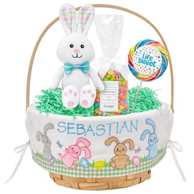 Let's Make Memories Personalized Easter Basket for Kids - For Boys - For Girls - Embroidered Name - Create Your Own - Fillable - Wicker - Easter Basket Stuffers - Medium - Blue Lots Of Bunnies