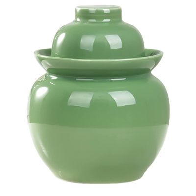 QPZK Traditional Chinese Porcelain Pickle Jar, Ceramic Fermentation Crock Pickling Pot,Fermenting Jar with Water Seal Airlock Lid Stoneware Fermenter for Sauerkraut Green-3.5KG