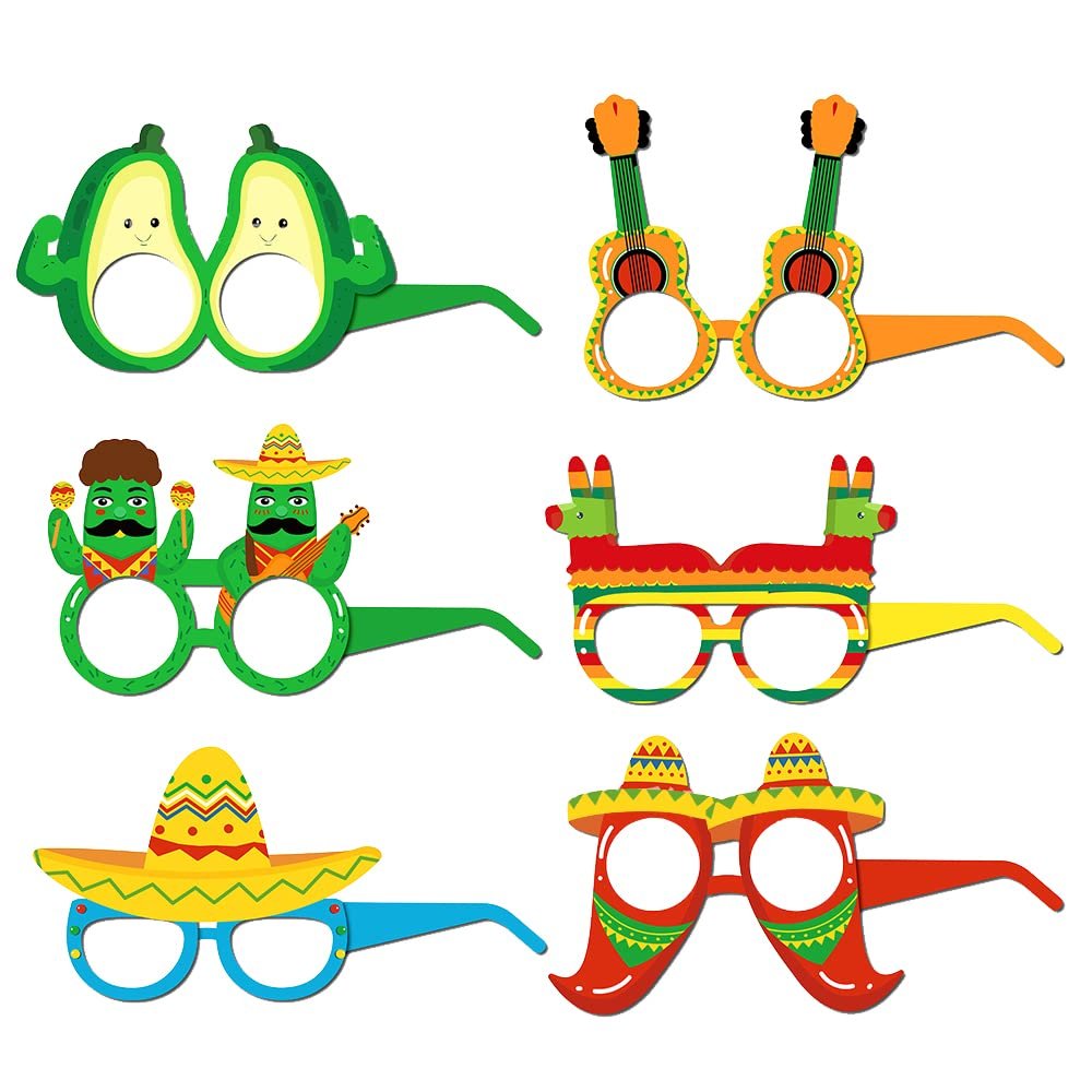 12 Pieces Mexican Fiesta Eyeglasses Mexican Fiesta Party Supplies Glasses, Cinco De Mayo Paper Eyewear Avocados Cacti Peppers Pinata Photo Props for Fiesta Party Birthday Costume Idea Decoration