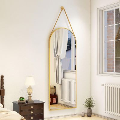 16''x48'' Full Length Mirror, Modern Arched Door Mirror Full Length with Hanging Leather Cord, Wall Mounted Decor with Hanging Leather Strap for Bathroom Vanity Living Room Bedroom Entrance, Gold