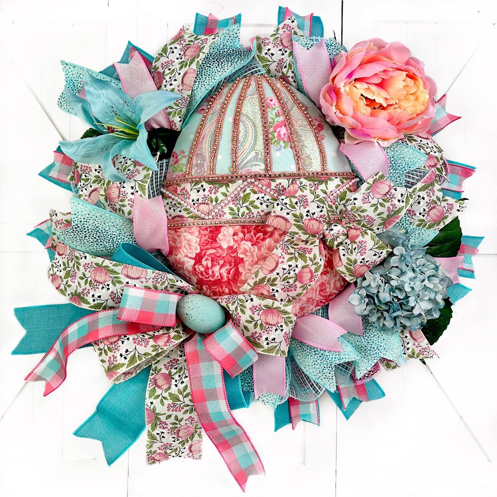 Fancy Handmade Fabric Easter Egg Wreath for Front Door, Easter Door Decorations