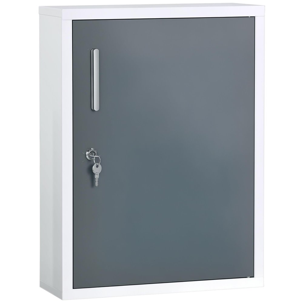 kleankin Bathroom Medicine Cabinet with Shelves Inside & On Door, Locking Medical Cabinet for Child & Pet Safety, First Aid Bathroom Wall Cabinet, White and Grey