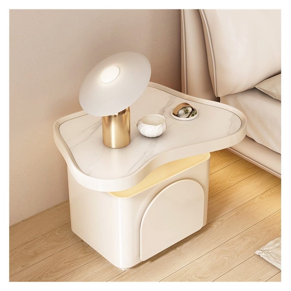 HIHELO Home Bedside Table French Bedside Table Modern Minimalist Rock Slab Countertop Sideboard with Light Bedrooms Nightstand