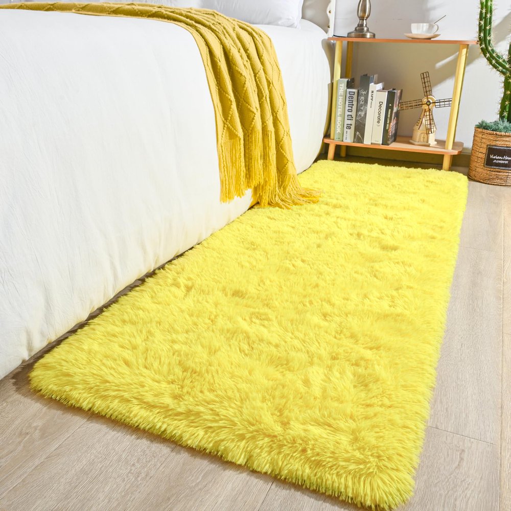 Keeko Runner Rugs for Bedroom Girls Room, 2x6 Fluffy Bedside Kids Room Rug Shag Cute Indoor Baby Rugs Fuzzy Modern Area Carpet for Teen Kid Girl Child Nursery Living Room Dorm Decor Yellow
