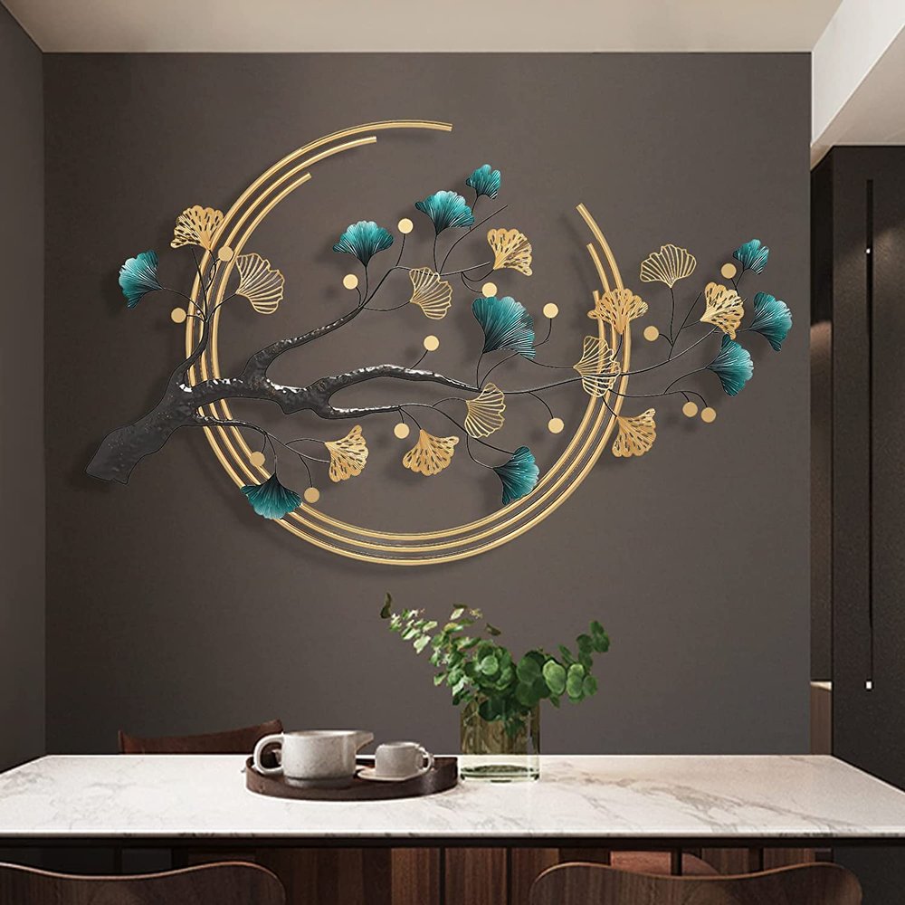 AMITVA Large Iron Ginkgo Tree Wall Sculptures, Handmade Metal Wall Art Sculpture, Wrought Iron Wall Ornaments for Home Bedroom Living Room Office Hotel,110X68cm
