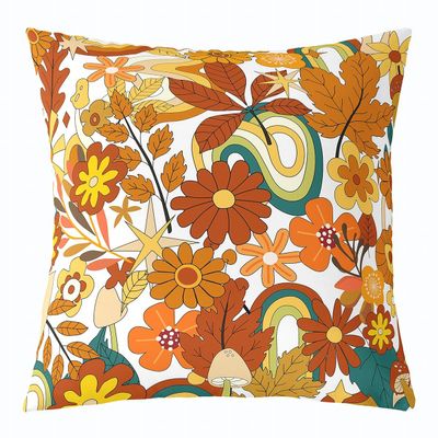 70S Groovy Hippie Flower Throw Pillow Cover Girls Boho Rainbow Leaves Mushroom Pumpkin Flowers Cushion Cover 16x16,Vintage Wavy Floral Cushion Case Aesthetic Psychedelic Funky Pillow Cover