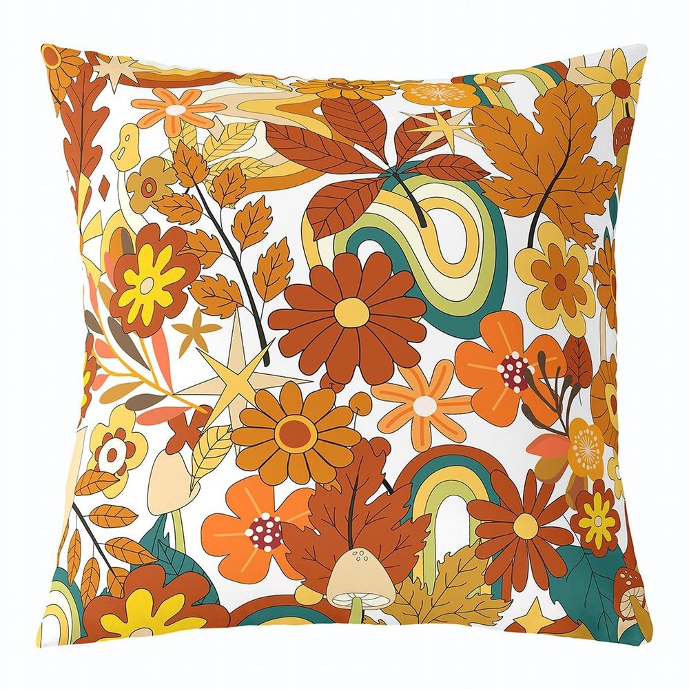 70S Groovy Hippie Flower Throw Pillow Cover Girls Boho Rainbow Leaves Mushroom Pumpkin Flowers Cushion Cover 16x16,Vintage Wavy Floral Cushion Case Aesthetic Psychedelic Funky Pillow Cover