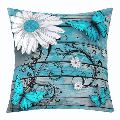 Butterfly Throw Pillow Cover For Girls Teens Women Bedroom Rustic Flower Cushion Cover,Blue Butterflies White Chic Floral Room Decor Pillow Cover Retro Vintage Romantic Style Cushion Case 22x22