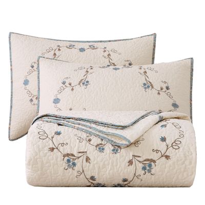 vctops 3-Piece Elegant Floral Embroidered Bedspread Coverlet Set Oversize Queen 100% Cotton Reversible Patchwork 1 Quilt and 2 Pillow Shams (Flower B,Oversize Queen)