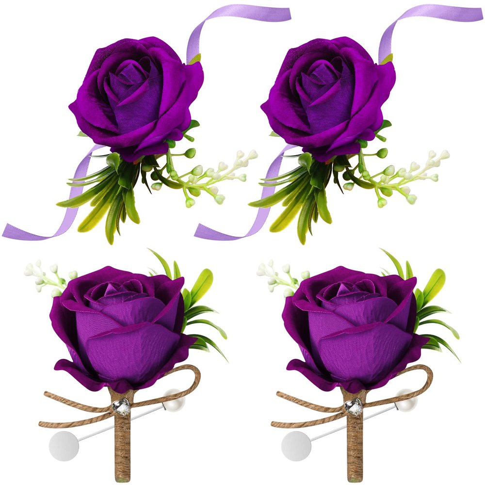 Aoriher 4 Pcs Wedding Party Corsage and Boutonniere Set, 2 Rose Wrist Corsage Wristlet Band for Prom Bridesmaid Bride Decor and 2 Groom Men Boutonniere(Purple)