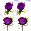 Aoriher 4 Pcs Wedding Party Corsage and Boutonniere Set, 2 Rose Wrist Corsage Wristlet Band for Prom Bridesmaid Bride Decor and 2 Groom Men Boutonniere(Purple) view 1