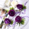 Aoriher 4 Pcs Wedding Party Corsage and Boutonniere Set, 2 Rose Wrist Corsage Wristlet Band for Prom Bridesmaid Bride Decor and 2 Groom Men Boutonniere(Purple) view 4