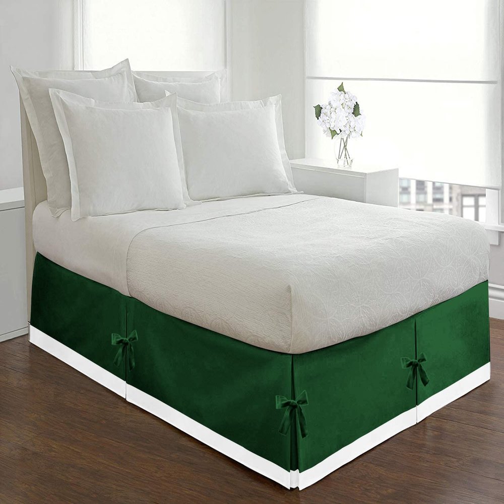 PG Beddings 1 Piece Two Tone Split Corner Tie Bed Skirt, 12 Inch Drop Length 1000 Thread Cotton, Olympic Queen Size (66" x 80") Inch, Solid White/Green