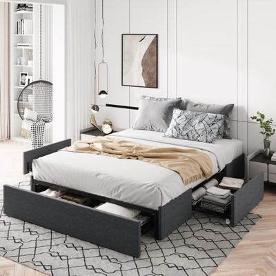 Allewie Full Size Platform Bed Frame with 3 Storage Drawers, Fabric Upholstered, Wooden Slats Support, No Box Spring Needed, Noise Free, Easy Assembly, Dark Grey