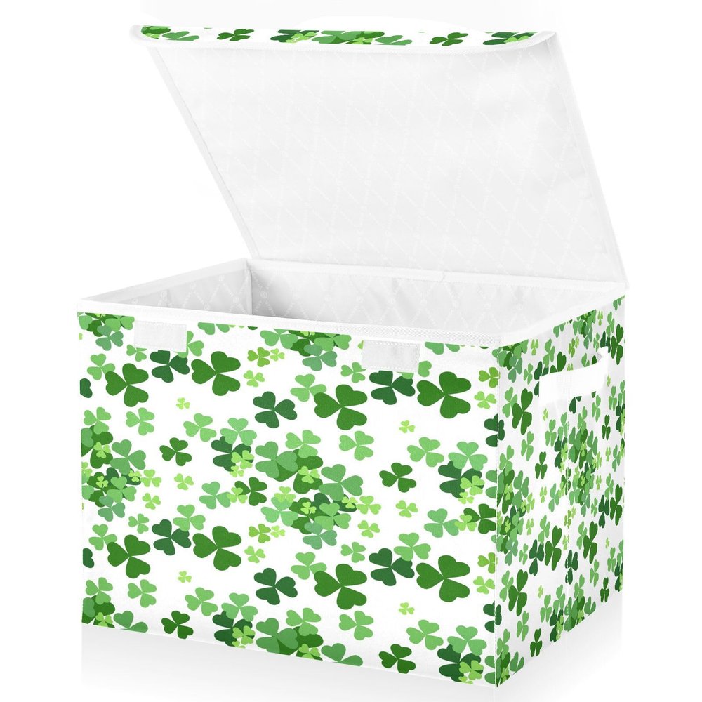 Bolaz Lucky Clover Shamrocks Storage Bins with Lids and Handles, Foldable Storage Box Storage Basket with Cover Collapsible Organizer Containers for Home Closet, Shelves