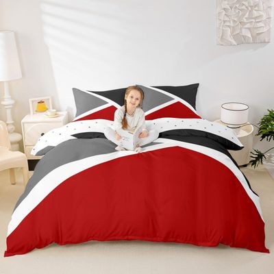 Geometric Patchwork Kids Duvet Cover Set Twin Size,Triangle Abstract Geometric Art Theme Bedding Set,Girls Boys Adults Room Decor,Red Black Grey Comforter Cover,Fashion Quilt Cover,1 Pillowcase