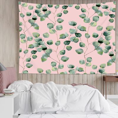 HVEST Eucalyptus Leaf Tapestry Wall Hanging, Sage Green Plant Leaves on Pink Background Wall Hanging Tapestry Nature Watercolor Botanical Tapestry for Bedroom Living Room Wall Decor, 60x40 Inches