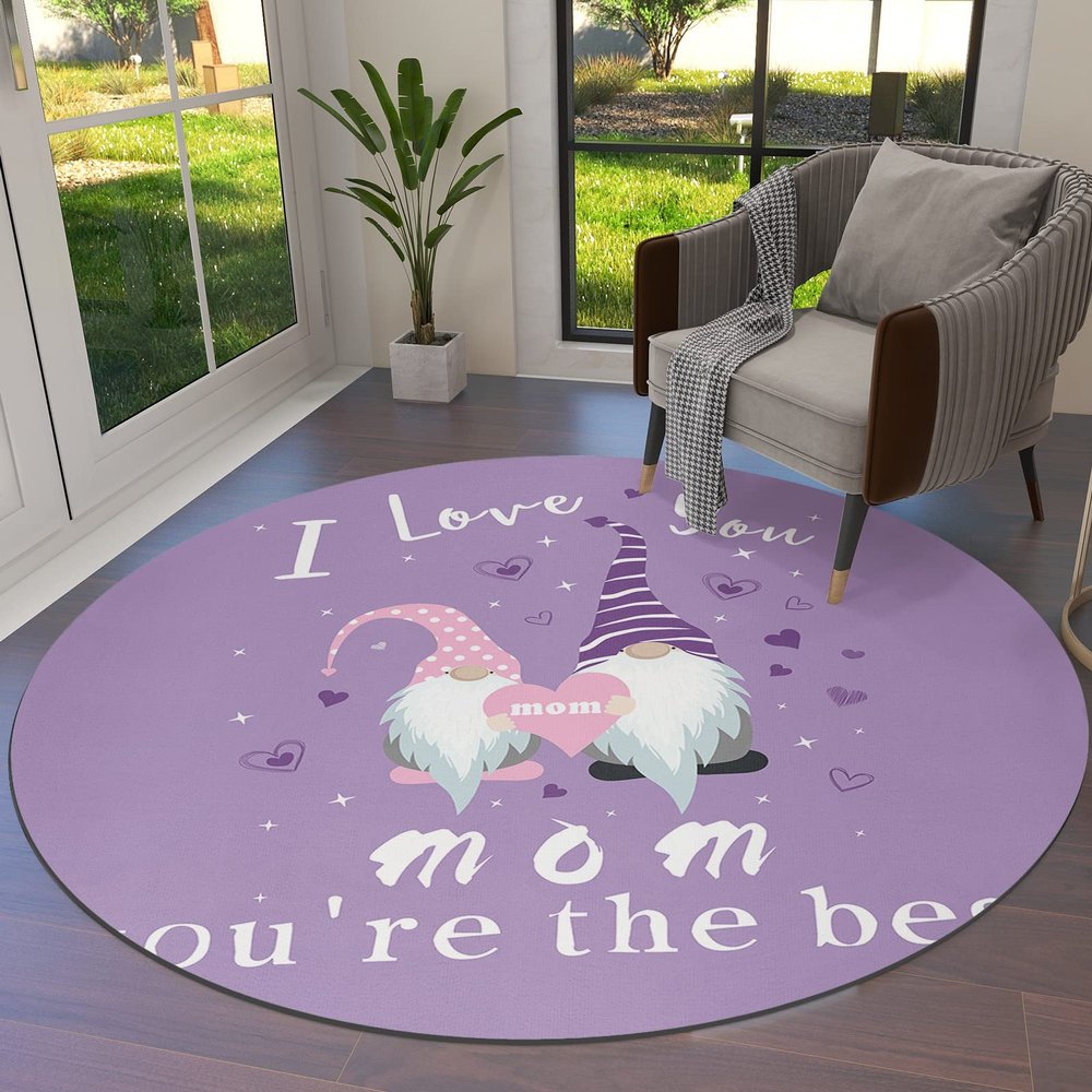 Round Area Rug 6 Ft for Bathroom Collection Room Area Floor Mat I Love You MOM ONLY The Best Mother's Day Gnome Purple Non-Slip and Washable Carpets for Indoor Bedroom Kids Room Home Decor