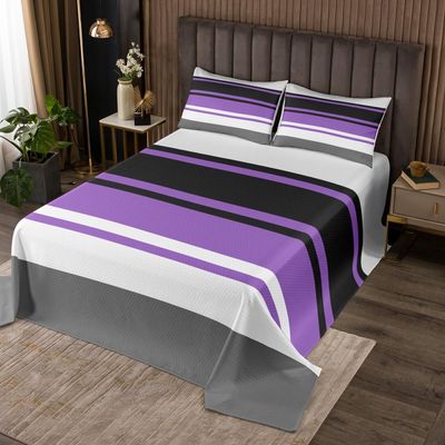 Geometric Patchwork Kids Bedspread King Size,Abstract Stripes Art Style Coverlet Set,Girls Boys Adults Room Decor,Purple Black Grey Geometric Quilted Coverlet,Fashion Bedding Quilt,2 Pillowcases