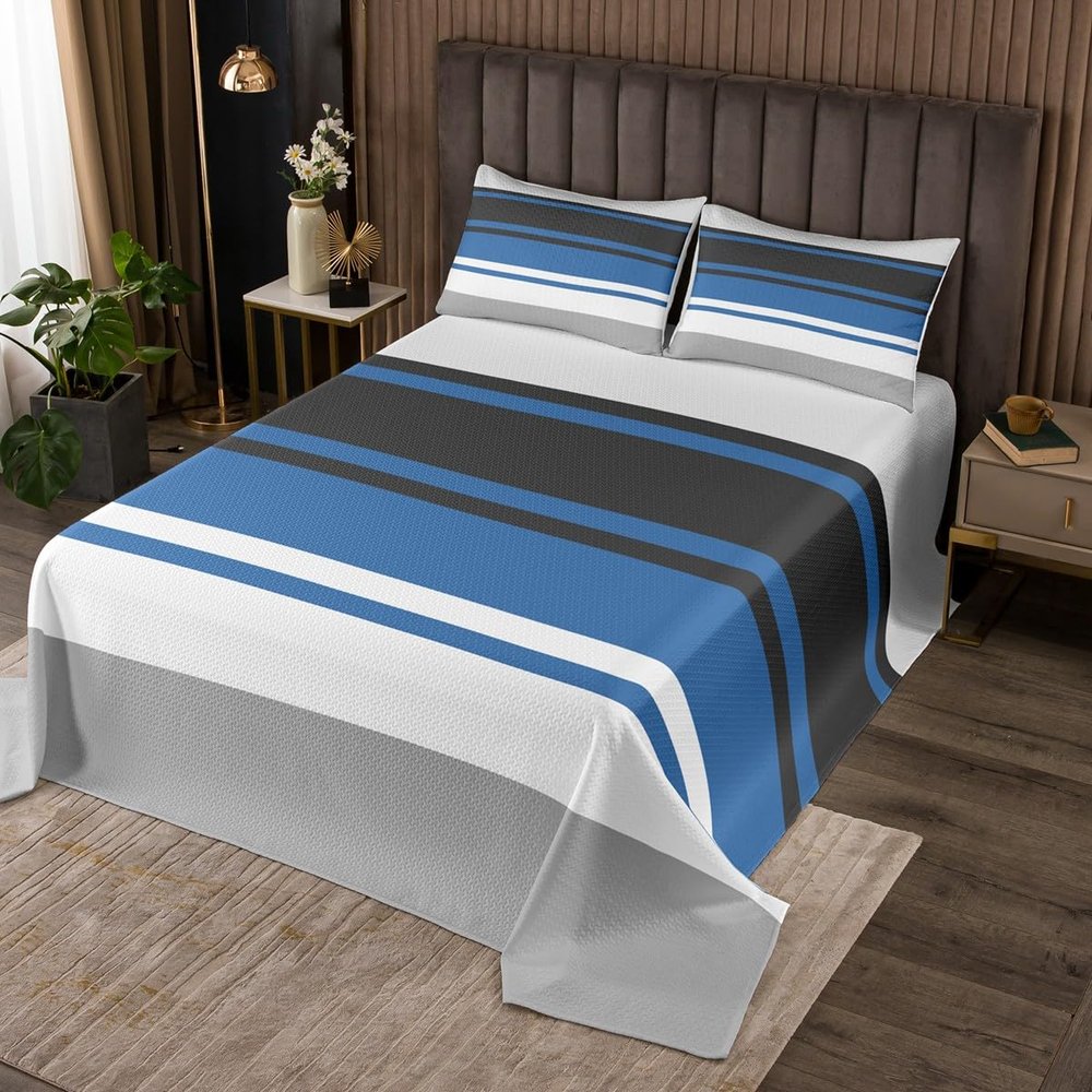 Geometric Patchwork Kids Bedspread Twin Size,Abstract Stripes Art Style Coverlet Set,Girls Boys Adults Room Decor,Blue Black Grey Geometric Quilted Coverlet,Fashion Bedding Quilt,1 Pillowcase