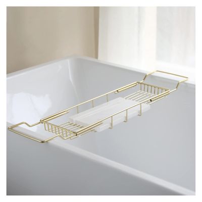 GOCHUSX Bathtub Caddy Tray, Expandable Bath Tub Tray Bathtub Caddy Tray, Stainless Steel Bath Tub Table Shelf with Marble Chopping Board (Color : Gold+White)