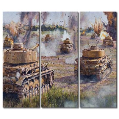 3 Panel Canvas Wall Art Black and White Wall Decor Military Tanks WW2 Abstract Landscape Canvas Art Modern Wall Art for Home Decorations Wooden Framed Gallery-Wrapped Ready to Hang - 40" W x 60" H