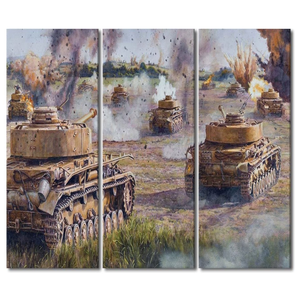 3 Panel Canvas Wall Art Black and White Wall Decor Military Tanks WW2 Abstract Landscape Canvas Art Modern Wall Art for Home Decorations Wooden Framed Gallery-Wrapped Ready to Hang - 40" W x 60" H