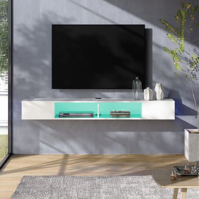 70in TV Stand with RGB Lights, Entertainment Center Media Console, Wall Mounted Shelf Media Console Cabinet for Storage for 65/70/75 Inch TVs, White