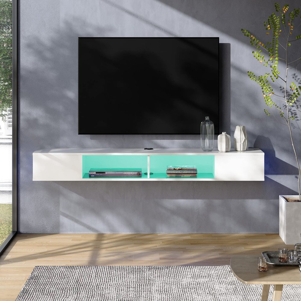 70in TV Stand with RGB Lights, Entertainment Center Media Console, Wall Mounted Shelf Media Console Cabinet for Storage for 65/70/75 Inch TVs, White