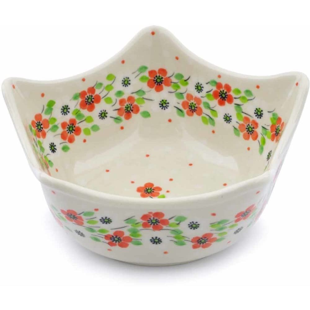 Polmedia Polish Pottery Star Shaped Bowl 7-inch - Poppy Flower Pattern Handmade in Boleslawiec Poland by Ceramika Artystyczna + Certificate of Authenticity