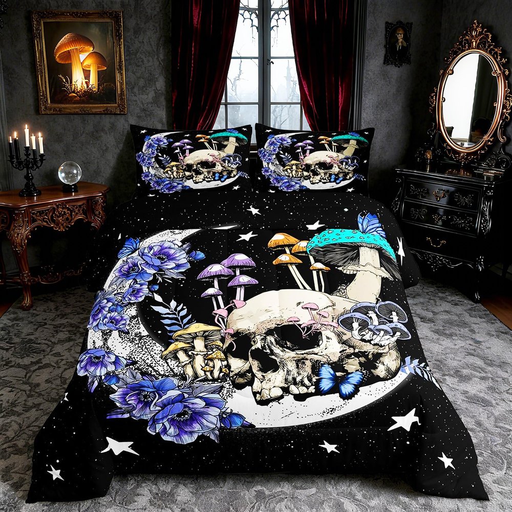 Star Moon Comforter Set Twin Size Mushroom Sugar Skull Bedding Set 2pcs for Kids Girls Boys Youth Bedroom Decor Exotic Plants Quilted Duvet Purple Flower Butterfly Duvet Insert,Black White