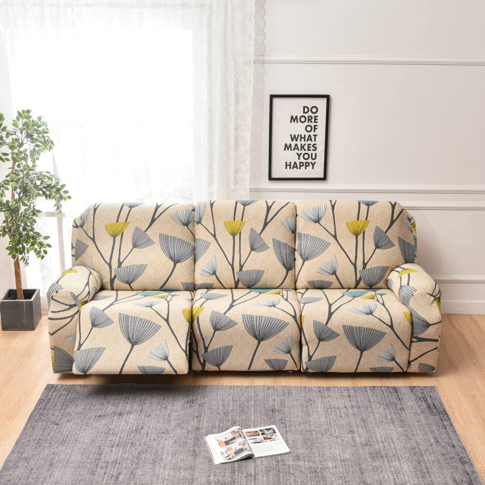 8-Piece Stretch Loveseat Recliner Slipcovers, Printed 3 Seat Recliner Sofa Cover Non Slip Reclining Sofa Slipcover Furniture Protector with Pocket-K||3 Seat