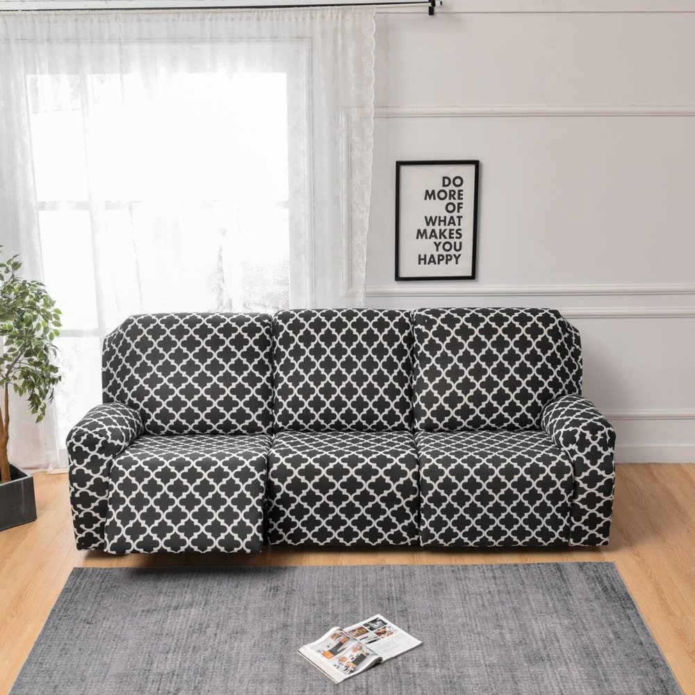 8-Piece Stretch Loveseat Recliner Slipcovers, Printed 3 Seat Recliner Sofa Cover Non Slip Reclining Sofa Slipcover Furniture Protector with Pocket-J||3 Seat