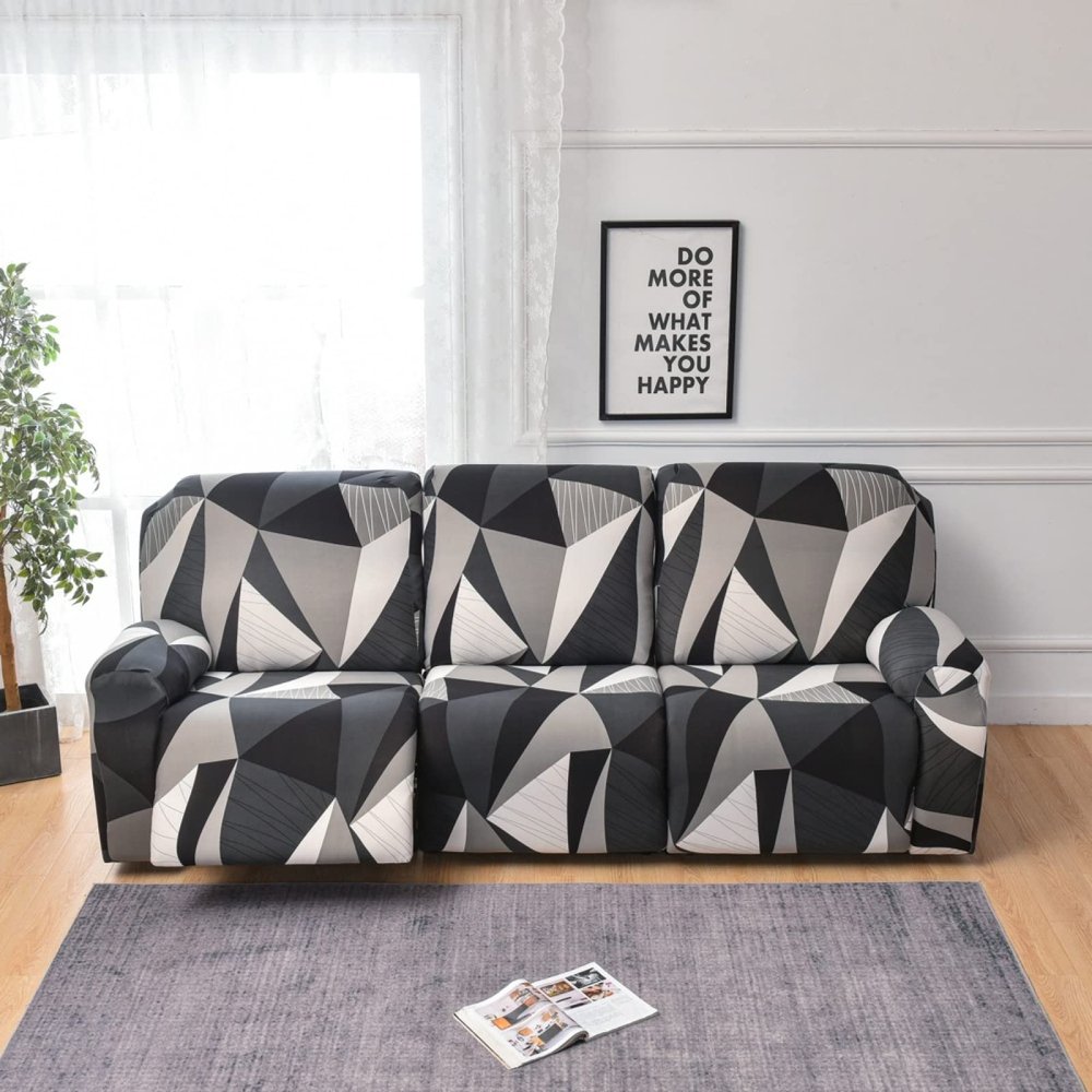 8-Piece Stretch Loveseat Recliner Slipcovers, Printed 3 Seat Recliner Sofa Cover Non Slip Reclining Sofa Slipcover Furniture Protector with Pocket-C||3 Seat